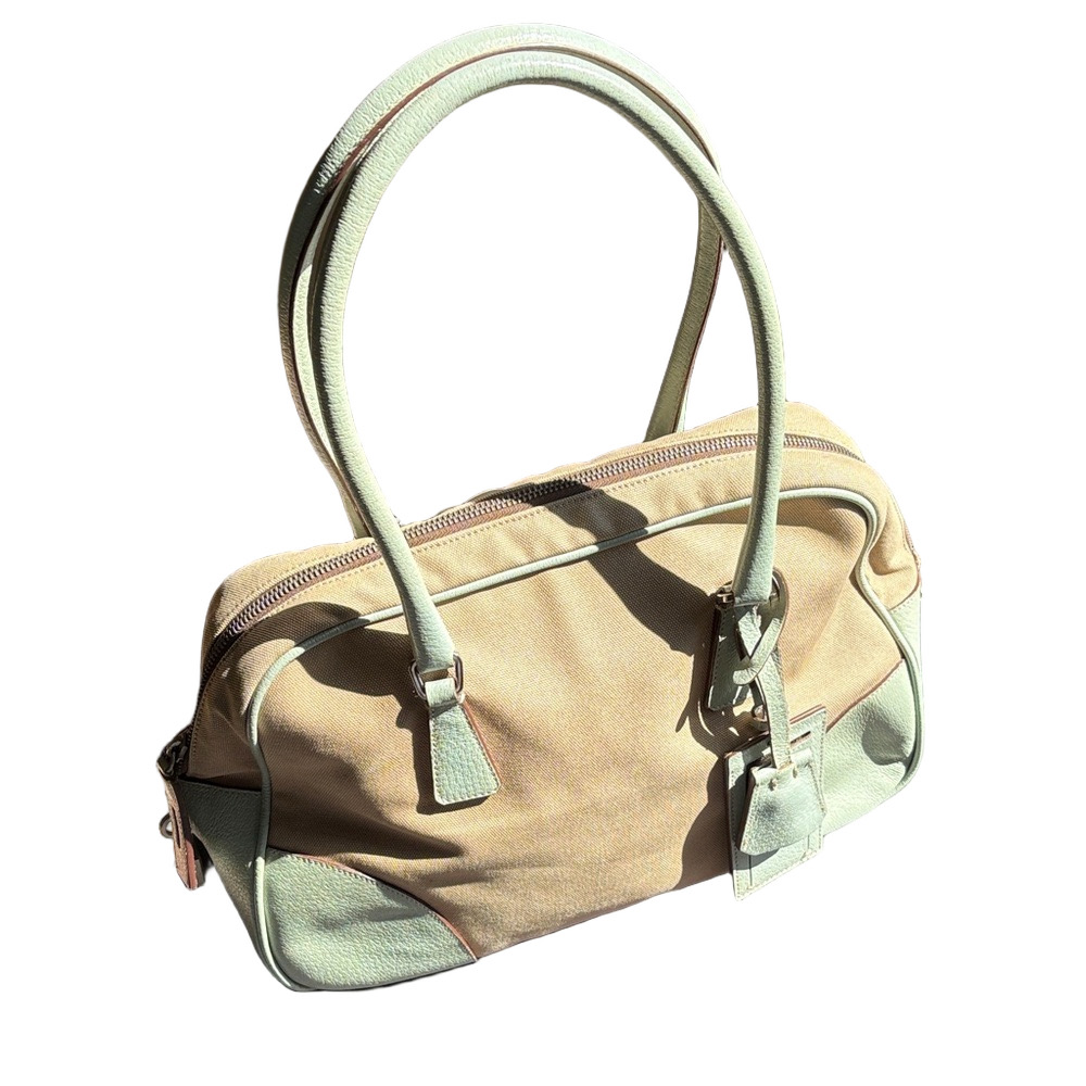 Prada Tan Canvas Shoulder Bag with Sage Green Trim